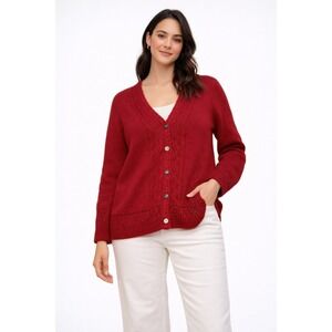 Sundance Red Pointelle Knit Button Front V-Neck Cardigan Sweater Womens Medium